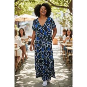 Chicos Travelers sz 3 faux wrap maxi dress sz 16/18 blue black floral dress